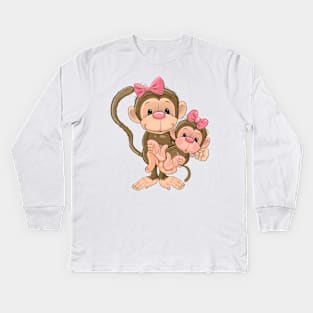 Two cute monkeys, mama monkey and baby monkey. Kids Long Sleeve T-Shirt